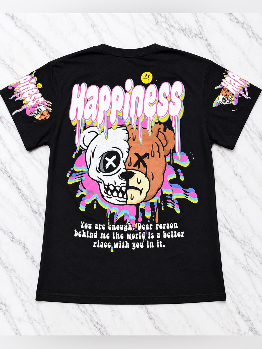 Fresh Laundry “Happiness” Skull Bear Graphic T-Shirt Unisex Y2K – Black – Size M - Picture 3 of 7